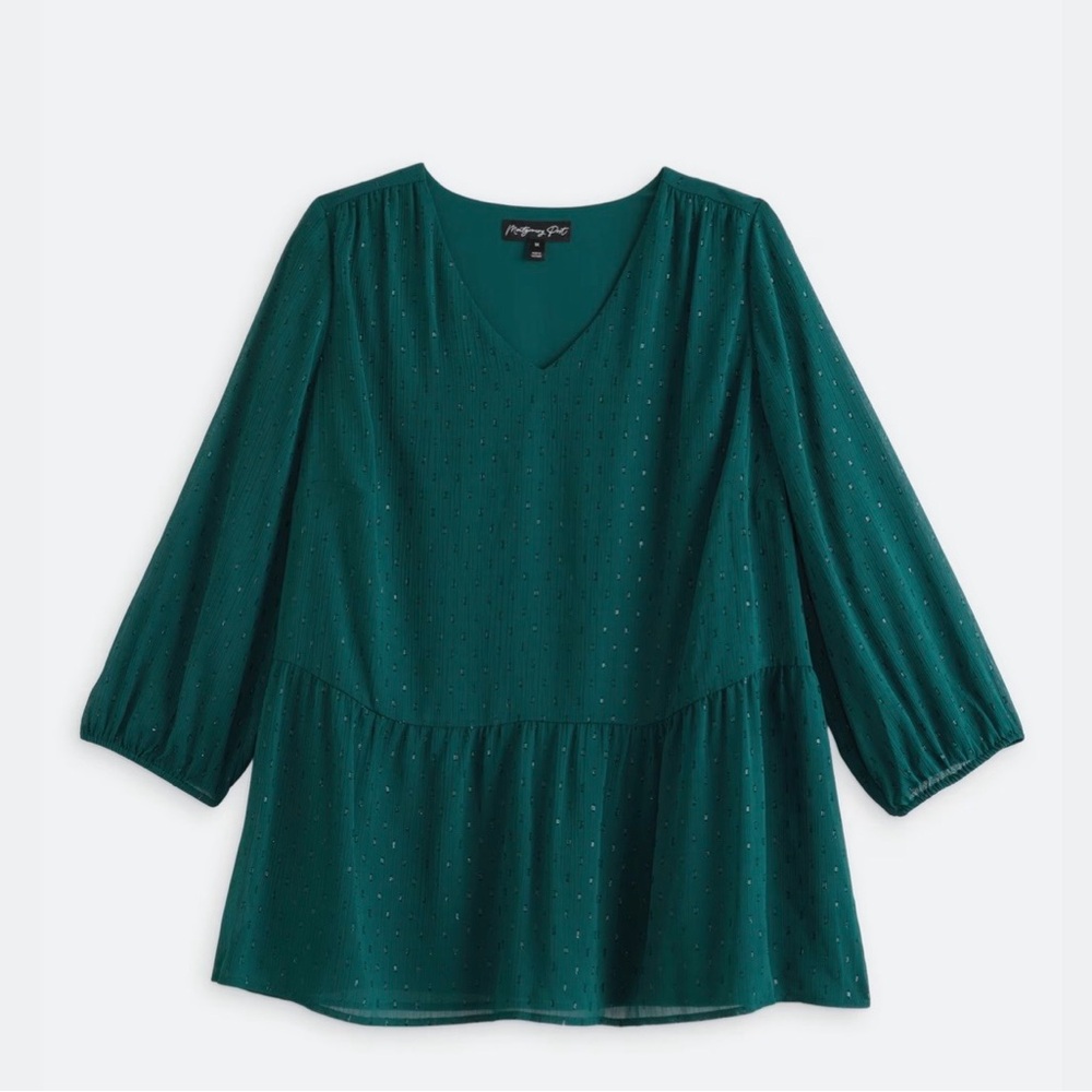 NWT Green V-Neck Peplum Blouse with 3/4 Sleeves